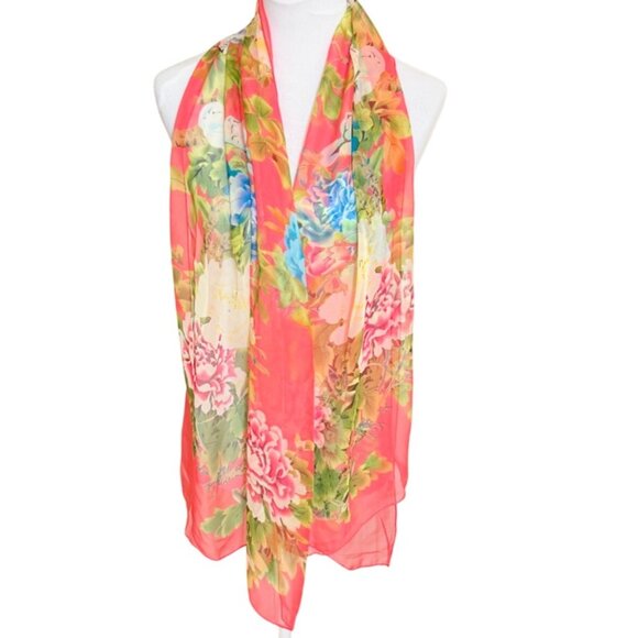 Summer Floral Garden Scarf Wrap Coral Chiffon Lightweight Sheer Silk-Feel Fabric - Picture 2 of 12